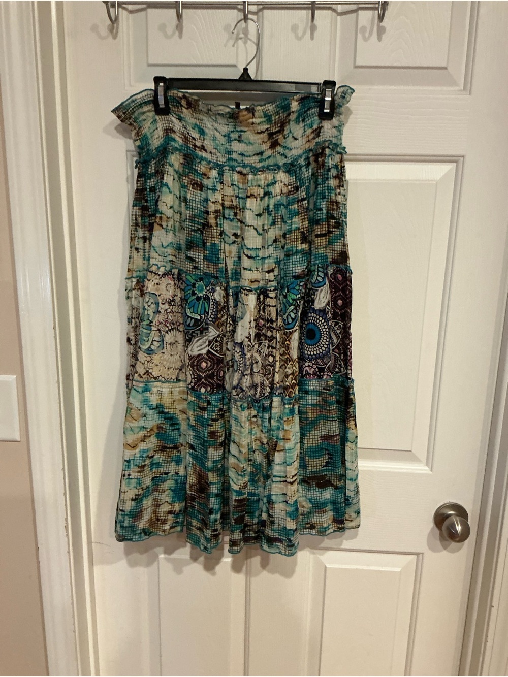 Smocked Teal Patchwork Tiered Maxi Skirt